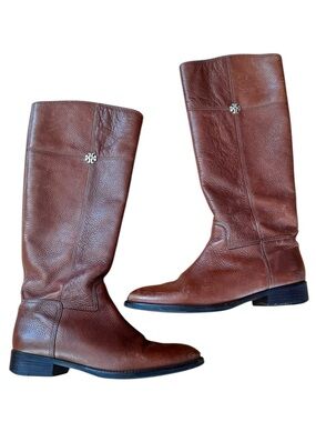 Tory Burch Jolie Riding Boots Pebbled Brown Leather 10.5
